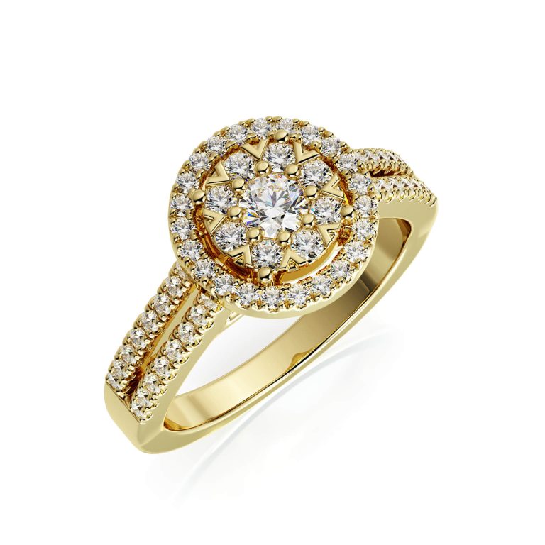 טבעת זהב יוקרתית עם אבני יהלום מנצנצות עגולות משובצות, עיצוב מודרני מבריק.