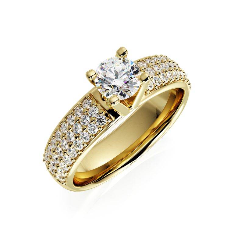 טבעת זהב נוצצת עם יהלום מרכזי ועשרות יהלומים משובצים בצדדים, תכשיט יוקרתי, אירוסין, נישואין.