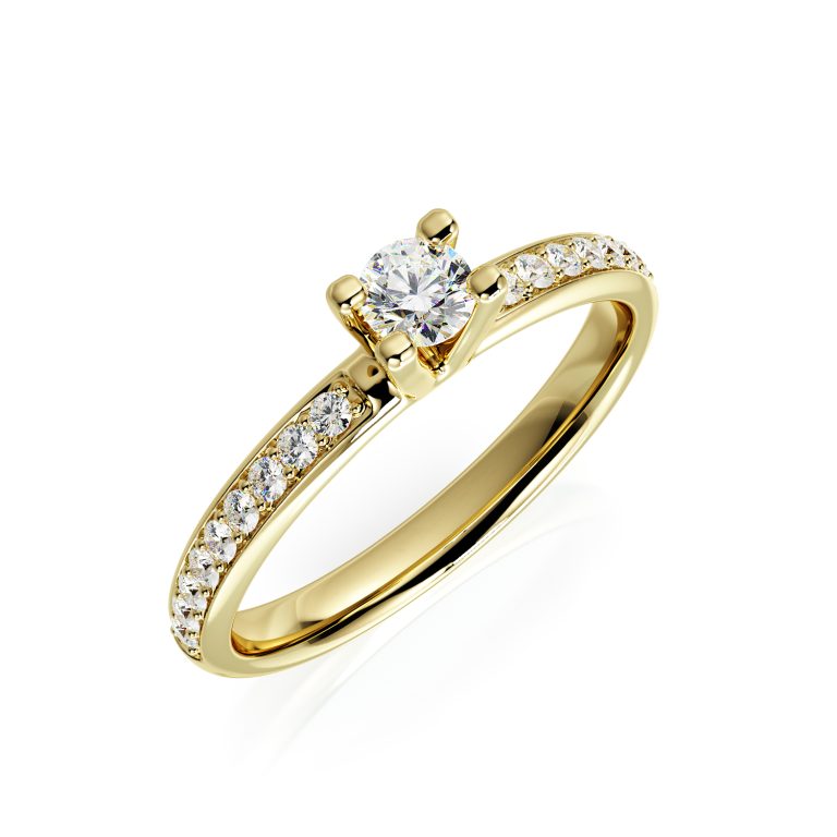 טבעת זהב עם יהלום מרכזי ויהלומים משובצים בצדדים, תכשיט יוקרתי, אירוסין, נישואין.