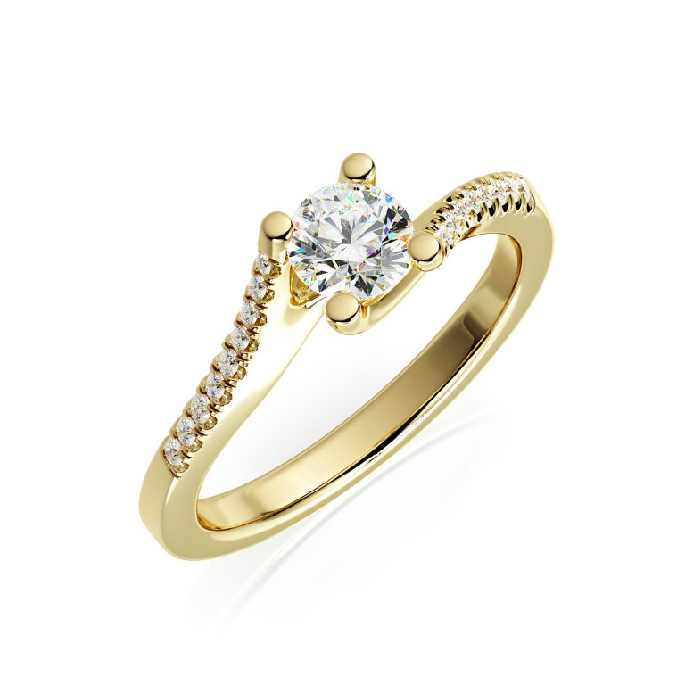 טבעת יהלום זהב צהוב קלאסית עם אבן מרכזית ושביל יהלומים משובצים בצדדים