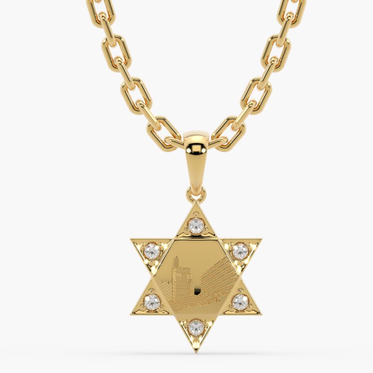 תליון מגן דוד זהב עם יהלומים וחריטת הכותל המערבי
