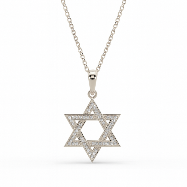 תליון מגן דוד כסף עם שיבוץ יהלומים קטנים, תכשיט יהודי, שרשרת