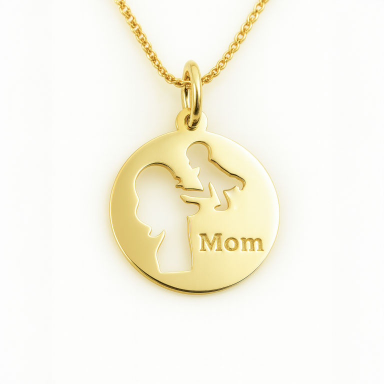 תליון זהב עגול, חריטת אם ותינוק, הכיתוב Mom, שרשרת זהב